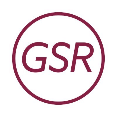 Grand Sierra Resort's company logo consists of a white background, a burgundy outline of a circle, and the burgundy letters "G.S.R." inside of the cirlce.
