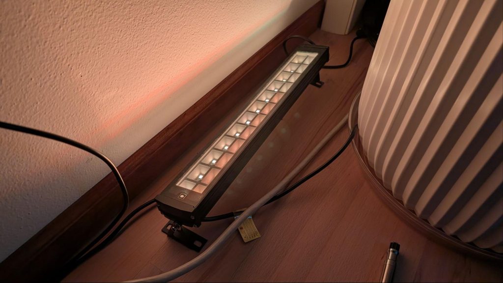 L.E.D. strip on the ground and facing the ceiling.