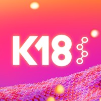K18 Hair's company logo consists of a gradient pink/magenta background with the glowing white letter and number "K-18."