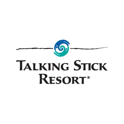 Talking Stick Resort's company logo consists of a white background with the black text "Talking Stick Resort." Above it is a yin-yang-looking symbol in teal and blue.