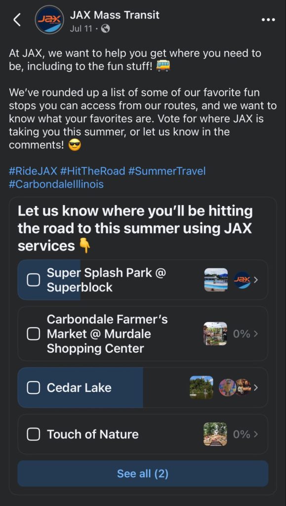 The image shows a Facebook poll from JAX Mass Transit. The poll says "Let us know where you'll be hitting the road to this summer using JAX services."