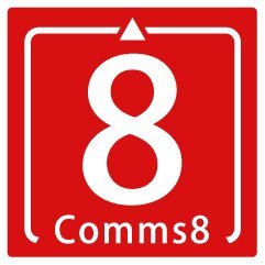 Comms8's company logo consists of a red background with a large white number 8, and the white text "Comms8" beneath it.