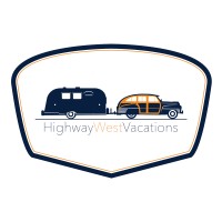 Highway West Vacations's company logo consists of a white background with a car pulling a camper with the text "Highway West Vacations" underneath.