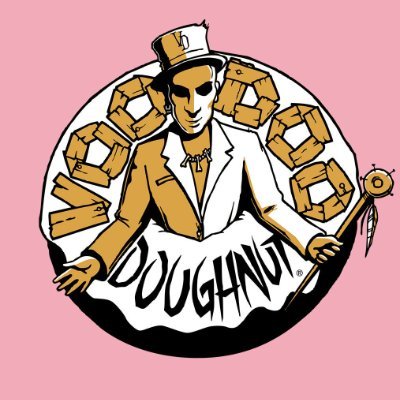 Voodoo Doughnut's company logo consists of a pink background with a man wearing a top hat coming out of the center of a donut.